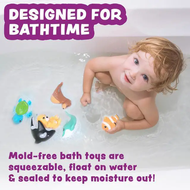 Alt view image 2 of 7 - Mold Free Bath Toys, 6 Pack | Sealed, No Hole Bath Toys Design Keeps Moisture Out | Soft, Squeezable & Float on Water | Easy-Grip Baby & Toddler Bath Toy Set | Great Baby Pool Toys