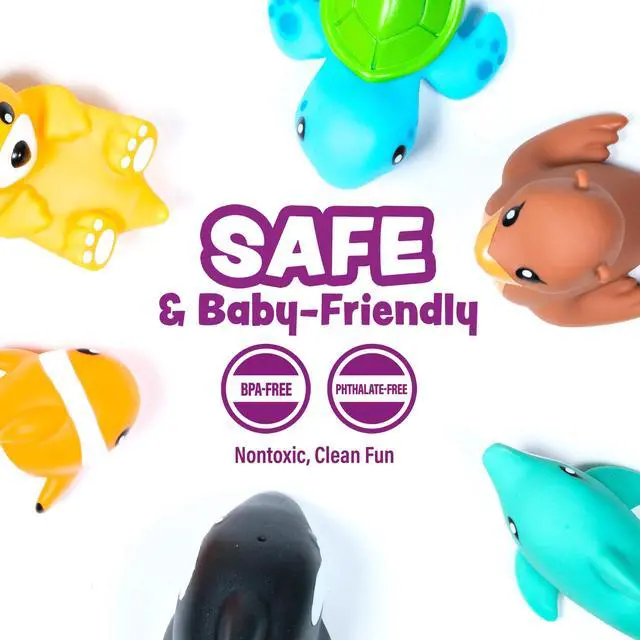 Alt view image 7 of 7 - Mold Free Bath Toys, 6 Pack | Sealed, No Hole Bath Toys Design Keeps Moisture Out | Soft, Squeezable & Float on Water | Easy-Grip Baby & Toddler Bath Toy Set | Great Baby Pool Toys