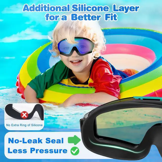 Alt view image 2 of 6 - 2 Pack Kids Swim Goggles Frame Less Design Anti-fog UV Protection Clear Wide Vision No Leak, Water Pool Swimming Goggles for kids 6-14 8-14 8-12 Youth Children Boys Girls