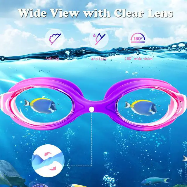 Alt view image 3 of 7 - Kids Swim Goggles - 2 Pack Swimming Goggles Anti Fog Anti-UV No Leaking For Children Teens Boys & Girls Age 3-15 (Purple & Blue)