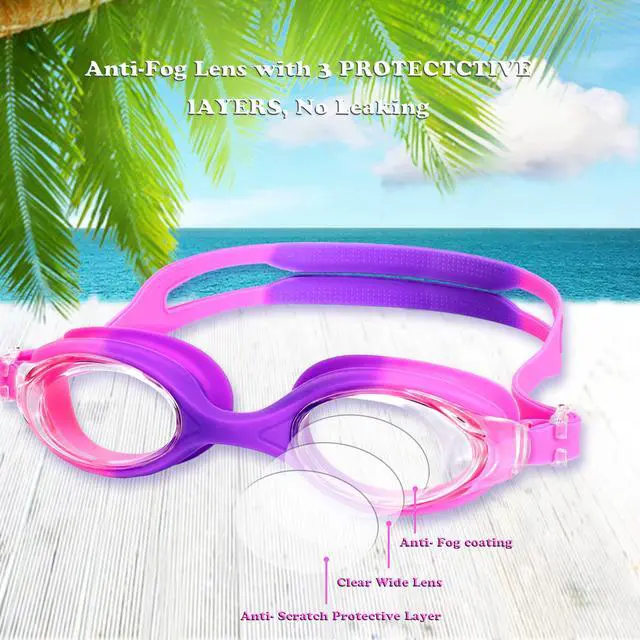 Alt view image 6 of 7 - Kids Swim Goggles - 2 Pack Swimming Goggles Anti Fog Anti-UV No Leaking For Children Teens Boys & Girls Age 3-15 (Purple & Blue)