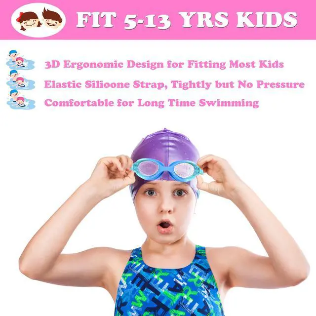 Alt view image 5 of 7 - Kids Swim Goggles - 2 Pack Swimming Goggles Anti Fog Anti-UV No Leaking For Children Teens Boys & Girls Age 3-15 (Purple & Blue)