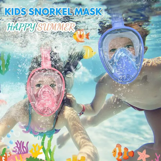 Alt view image 3 of 7 - Kids Snorkel Mask Full Face, Snorkeling Gear for Kids with Camera Mount, 180 Degree Panoramic View Snorkeling Set Anti-Fog Anti-Leak (Blue Pink)