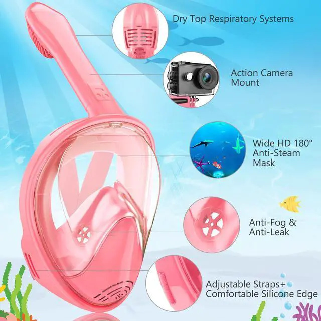 Alt view image 2 of 7 - Kids Snorkel Mask Full Face, Snorkeling Gear for Kids with Camera Mount, 180 Degree Panoramic View Snorkeling Set Anti-Fog Anti-Leak (Blue Pink)
