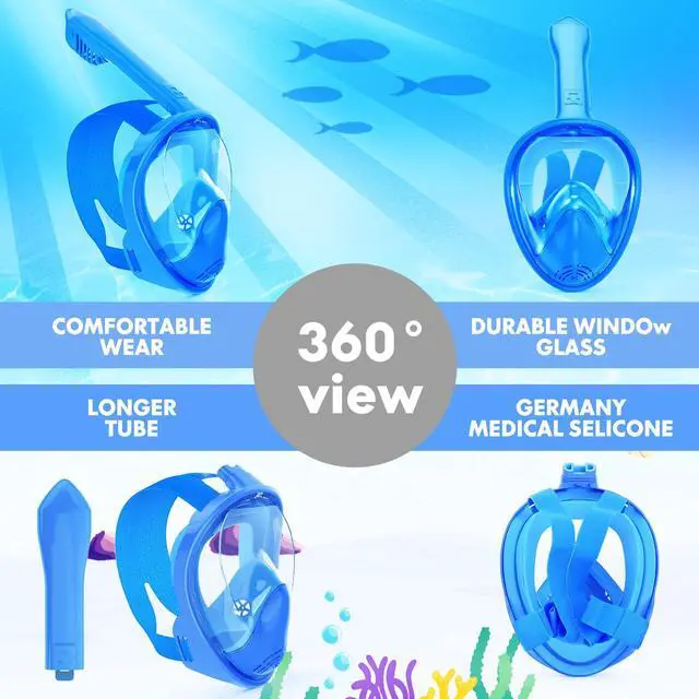 Alt view image 5 of 7 - Kids Snorkel Mask Full Face, Snorkeling Gear for Kids with Camera Mount, 180 Degree Panoramic View Snorkeling Set Anti-Fog Anti-Leak (Blue Pink)