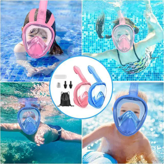 Alt view image 7 of 7 - Kids Snorkel Mask Full Face, Snorkeling Gear for Kids with Camera Mount, 180 Degree Panoramic View Snorkeling Set Anti-Fog Anti-Leak (Blue Pink)