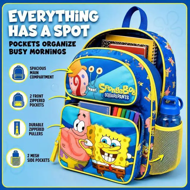 Alt view image 5 of 7 - Kid's Licensed 16" SpongeBob Cargo Backpack - Large School Backpack with Multiple Pockets