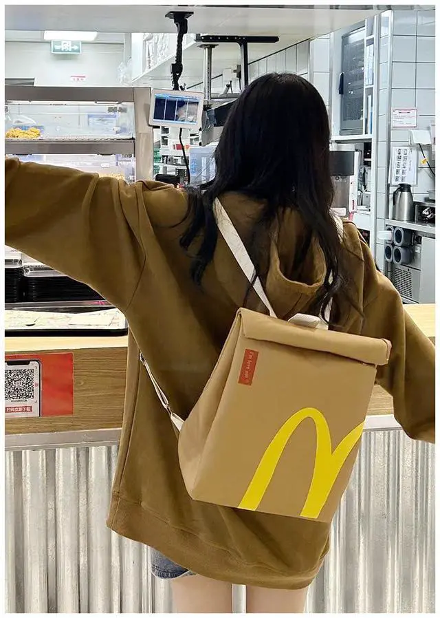 Alt view image 6 of 7 - Classic Funny Retro Paper Bag Large Capacity Backpack Cute Personalized Shoulder Crossbody Canvas Backpack Notebook