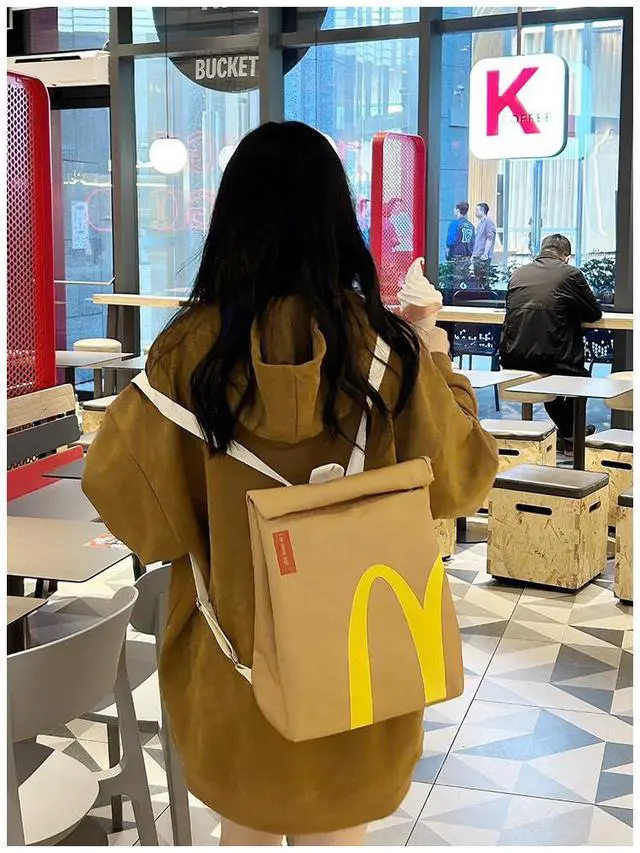 Alt view image 7 of 7 - Classic Funny Retro Paper Bag Large Capacity Backpack Cute Personalized Shoulder Crossbody Canvas Backpack Notebook