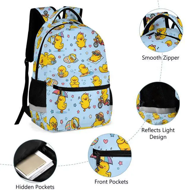 Alt view image 4 of 7 - Cute Yellow Duck Backpack for Kids, Kawaii Cartoon Rubber Ducky Daily Life School Bag with Reflective Strip, Fun Lightweight Bookbag for Kindergarten Elementary Girls Boys, 17 Inch