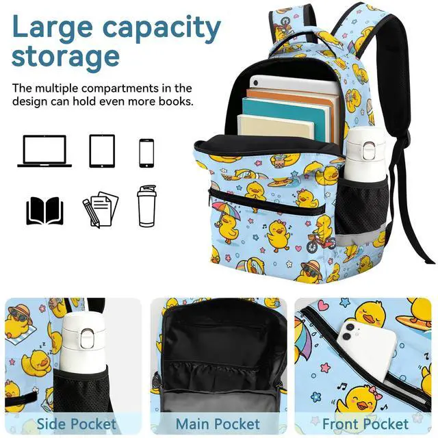 Alt view image 5 of 7 - Cute Yellow Duck Backpack for Kids, Kawaii Cartoon Rubber Ducky Daily Life School Bag with Reflective Strip, Fun Lightweight Bookbag for Kindergarten Elementary Girls Boys, 17 Inch