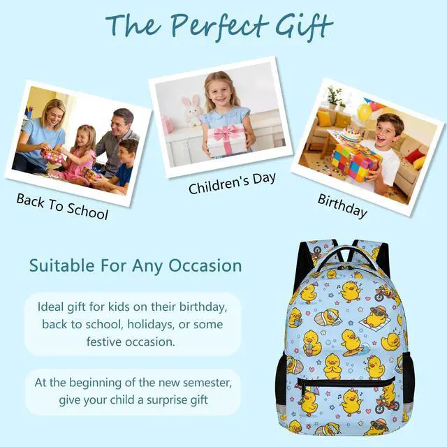 Alt view image 7 of 7 - Cute Yellow Duck Backpack for Kids, Kawaii Cartoon Rubber Ducky Daily Life School Bag with Reflective Strip, Fun Lightweight Bookbag for Kindergarten Elementary Girls Boys, 17 Inch
