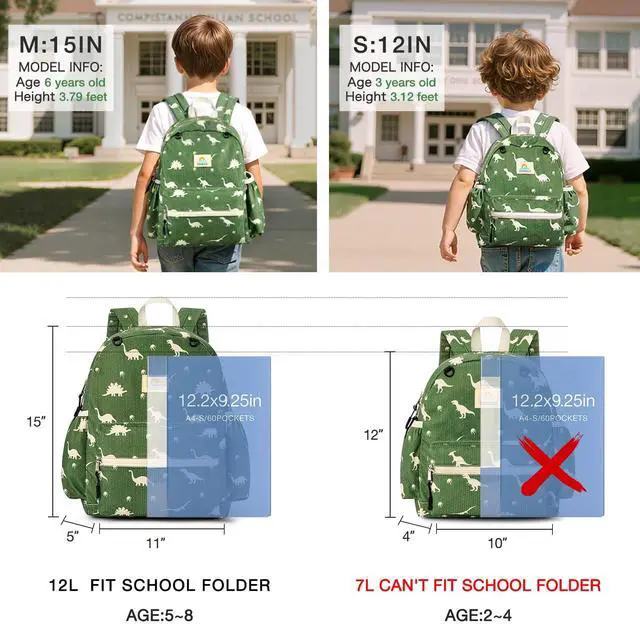 Alt view image 3 of 7 - Corduroy Kids Backpack for Boys and Girls 5-8: Boys Backpack for Elementary Kindergarten - 15 inch Cute Backpacks for Kids - Dinosaur