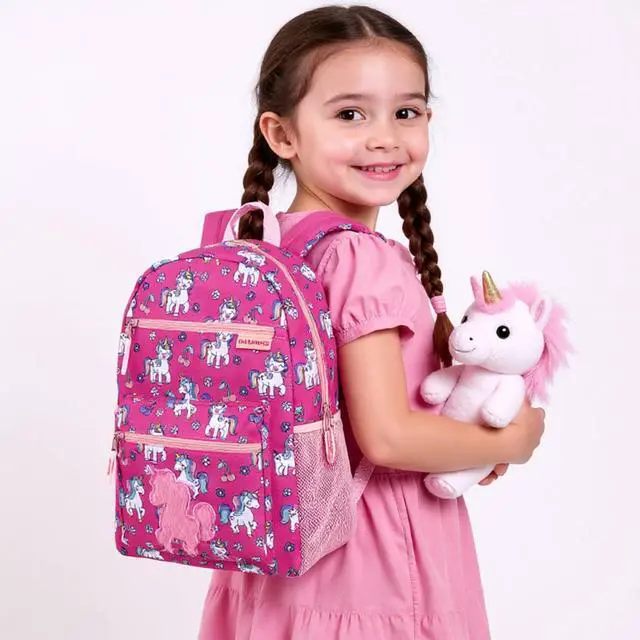 Alt view image 5 of 7 - 17 Kids Character School Backpacks Plush for Girls with Side Pockets, Padded Straps (Plush Cherry Unicorns)