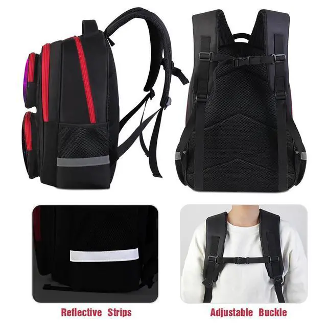 Alt view image 2 of 3 - Cartoon Kids Backpack for School - 17 Inch Lightweight Bookbag with 3D Reflective Design & Luminous Safety Strips | Durable 600D Polyester, Adjustable Straps for Ages 6-18