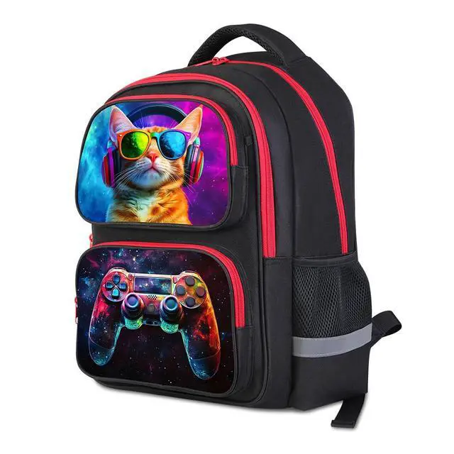 Alt view image 3 of 3 - Cartoon Kids Backpack for School - 17 Inch Lightweight Bookbag with 3D Reflective Design & Luminous Safety Strips | Durable 600D Polyester, Adjustable Straps for Ages 6-18