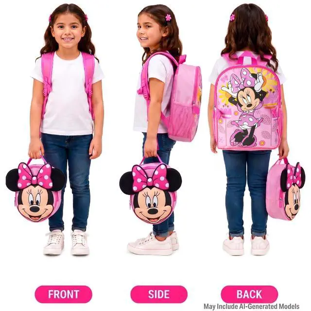 Alt view image 2 of 7 - Minnie Mouse Kids Backpack and Lunch Box Set - 14" Girls Backpack with Lunch Box for Preschool and Kindergarten, Minnie Pink