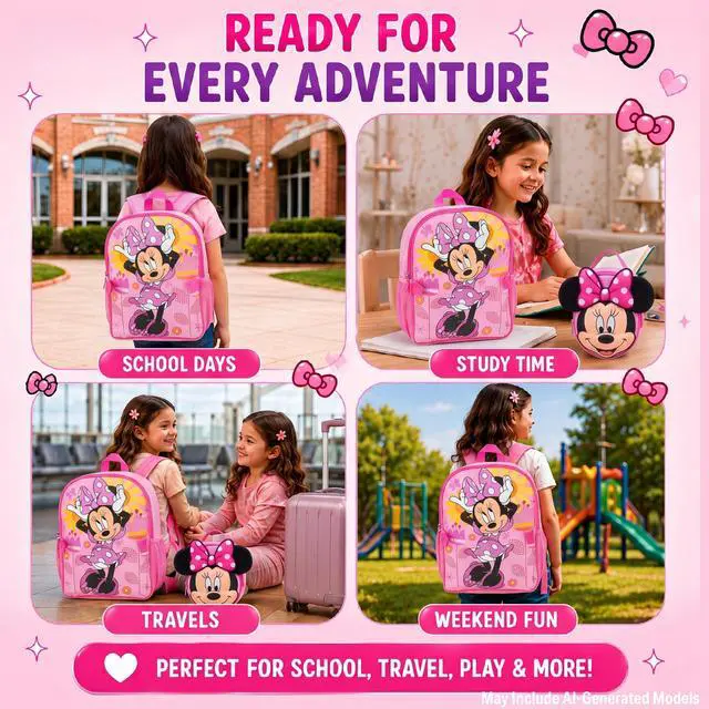 Alt view image 3 of 7 - Minnie Mouse Kids Backpack and Lunch Box Set - 14" Girls Backpack with Lunch Box for Preschool and Kindergarten, Minnie Pink