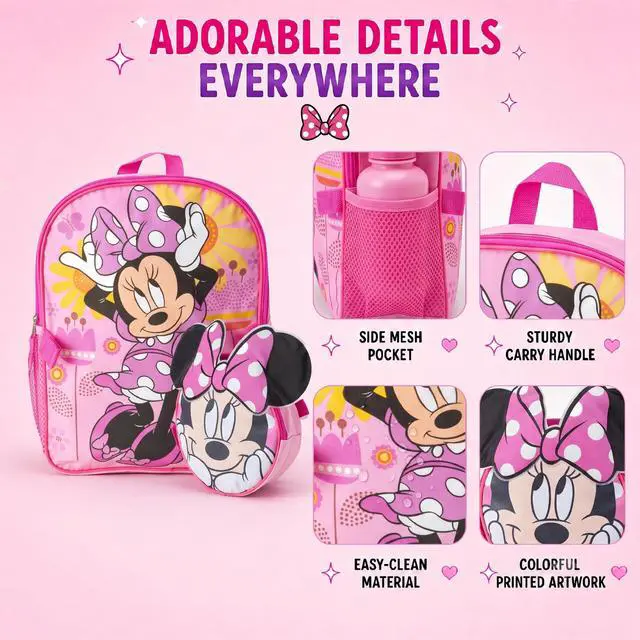 Alt view image 4 of 7 - Minnie Mouse Kids Backpack and Lunch Box Set - 14" Girls Backpack with Lunch Box for Preschool and Kindergarten, Minnie Pink