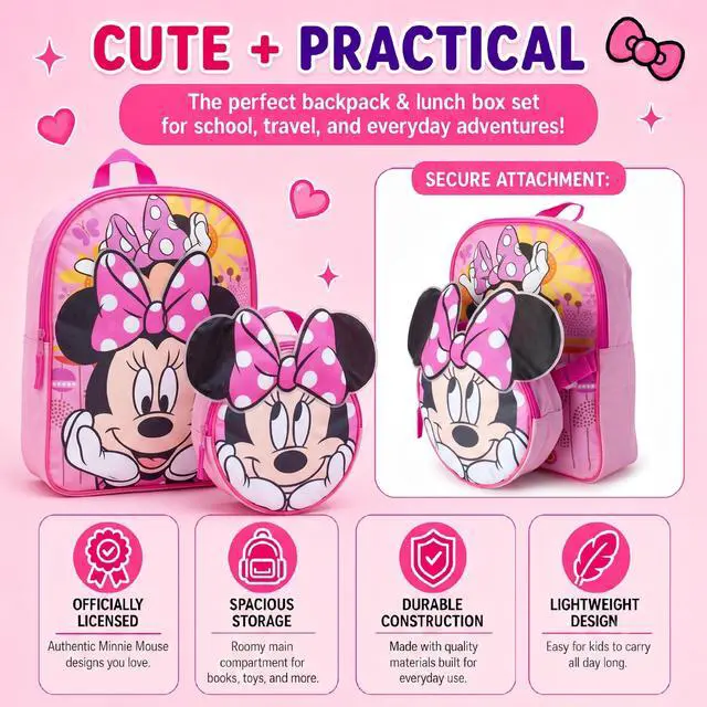 Alt view image 5 of 7 - Minnie Mouse Kids Backpack and Lunch Box Set - 14" Girls Backpack with Lunch Box for Preschool and Kindergarten, Minnie Pink