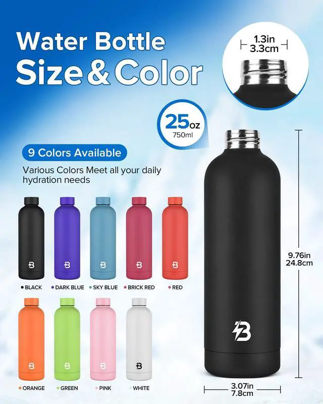 Alt view image 4 of 7 - Insulated Water Bottle with Lid, 25 oz Reusable Leak-Proof Metal Stainless Steel Water Bottles for Travel, Sports, Gym, Outdoor (Black)