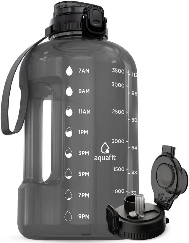 Main image of 1 Gallon Water Bottle with Time Marker - Straw & Chug Lid - BPA Free Gym Water Bottle with Straw - Big Gallon Jug (Gray, 128 oz - 2in1 Lid)
