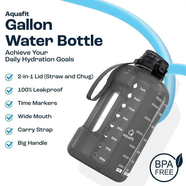 Alt view image 2 of 7 - 1 Gallon Water Bottle with Time Marker - Straw & Chug Lid - BPA Free Gym Water Bottle with Straw - Big Gallon Jug (Gray, 128 oz - 2in1 Lid)