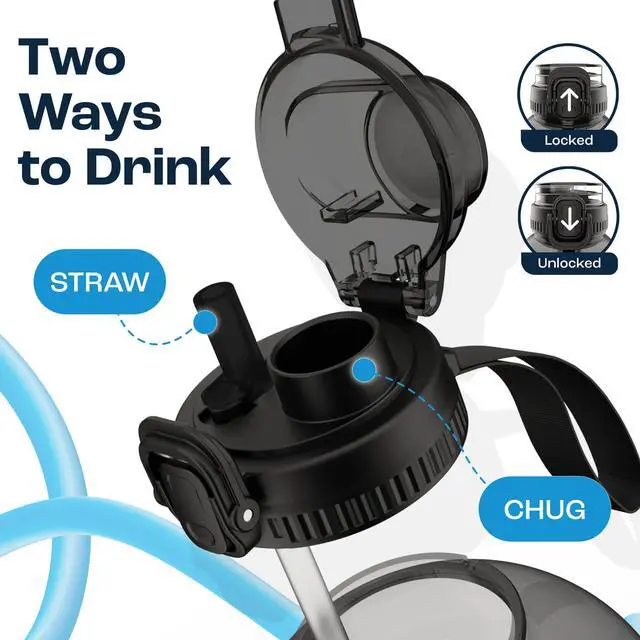 Alt view image 3 of 7 - 1 Gallon Water Bottle with Time Marker - Straw & Chug Lid - BPA Free Gym Water Bottle with Straw - Big Gallon Jug (Gray, 128 oz - 2in1 Lid)