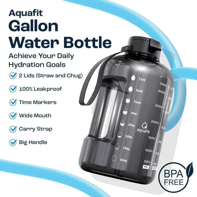Alt view image 2 of 7 - 1 Gallon Water Bottle with Time Marker - Straw & Chug Lid - BPA Free Gym Water Bottle with Straw - Big Gallon Jug (Gray, 128 oz - 2 Lids)