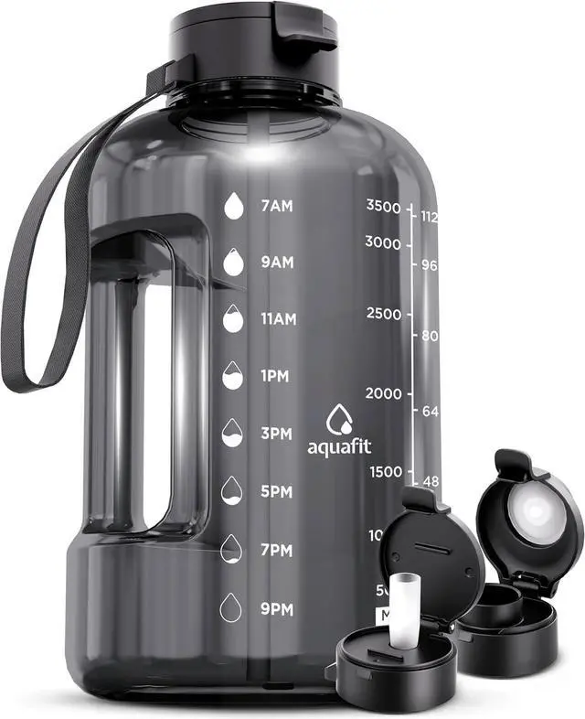 Main image of 1 Gallon Water Bottle with Time Marker - Straw & Chug Lid - BPA Free Gym Water Bottle with Straw - Big Gallon Jug (Gray, 128 oz - 2 Lids)
