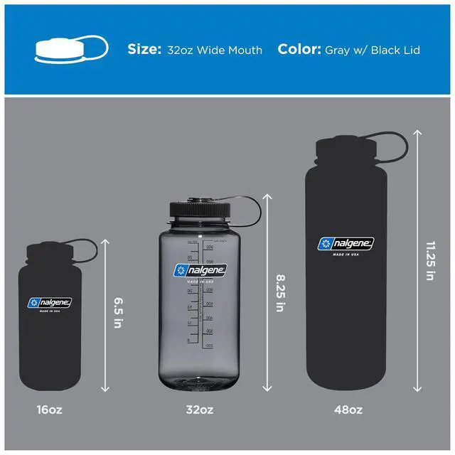 Alt view image 6 of 7 - 32 oz Wide Mouth Water Bottle | BPA-Free, Durable & Leak Proof, Lightweight Bottle for Hiking & Gym, Work & Travel, Gray w/ Black Lid
