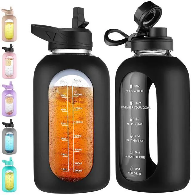 Main image of 64 oz Glass Water Bottle Jug with Straw and Handle, Half Gallon Sports Motivational Water Bottle with Time Marker, Wide Mouth Flask Canteen with Silicone Sleeve for Gym, Black