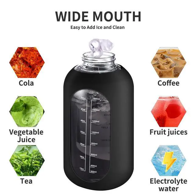 Alt view image 5 of 7 - 64 oz Glass Water Bottle Jug with Straw and Handle, Half Gallon Sports Motivational Water Bottle with Time Marker, Wide Mouth Flask Canteen with Silicone Sleeve for Gym, Black