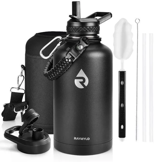 Main image of Insulated Water Bottle 64 oz, Triple Wall Vacuum Stainless Steel (Cold for 48 Hrs), Leak Proof & Non-BPA, Half Gallon Water Flask Jug with Paracord Handle & Straw Spout Lids, Magic Black