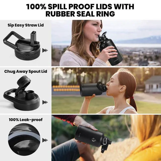 Alt view image 3 of 7 - Insulated Water Bottle 64 oz, Triple Wall Vacuum Stainless Steel (Cold for 48 Hrs), Leak Proof & Non-BPA, Half Gallon Water Flask Jug with Paracord Handle & Straw Spout Lids, Magic Black