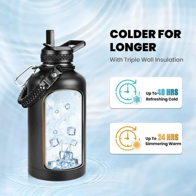 Alt view image 2 of 7 - Insulated Water Bottle 64 oz, Triple Wall Vacuum Stainless Steel (Cold for 48 Hrs), Leak Proof & Non-BPA, Half Gallon Water Flask Jug with Paracord Handle & Straw Spout Lids, Magic Black