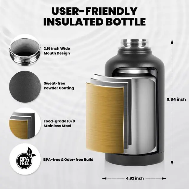 Alt view image 5 of 7 - Insulated Water Bottle 64 oz, Triple Wall Vacuum Stainless Steel (Cold for 48 Hrs), Leak Proof & Non-BPA, Half Gallon Water Flask Jug with Paracord Handle & Straw Spout Lids, Magic Black