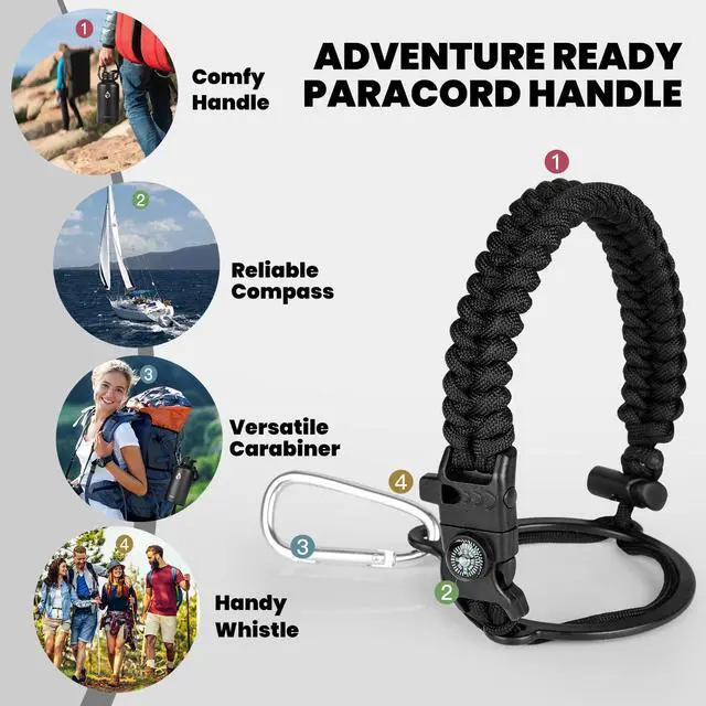Alt view image 4 of 7 - Insulated Water Bottle 64 oz, Triple Wall Vacuum Stainless Steel (Cold for 48 Hrs), Leak Proof & Non-BPA, Half Gallon Water Flask Jug with Paracord Handle & Straw Spout Lids, Magic Black