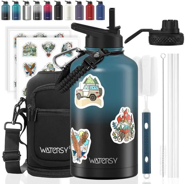 Main image of 64oz Insulated Water Bottle (Cold for 48 Hrs),BPA Free&Leak Proof,Half Gallon Stainless Steel Water Flask,Water Jug with Straw Spout Lids for Gym,Hiking,Camping,Black Blue