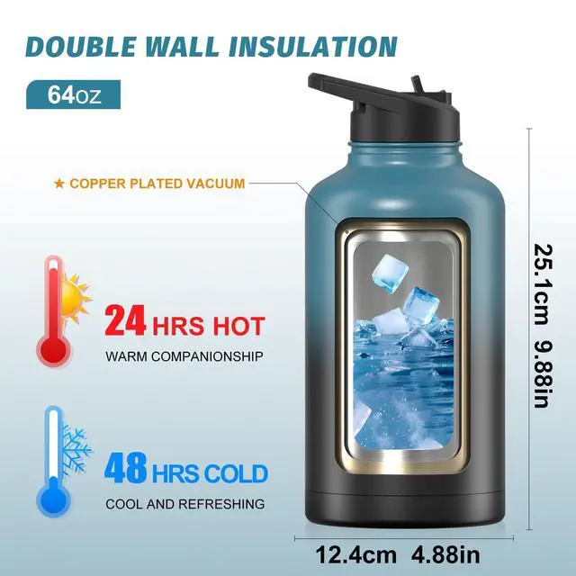 Alt view image 2 of 7 - 64oz Insulated Water Bottle (Cold for 48 Hrs),BPA Free&Leak Proof,Half Gallon Stainless Steel Water Flask,Water Jug with Straw Spout Lids for Gym,Hiking,Camping,Black Blue