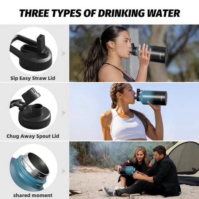 Alt view image 3 of 7 - 64oz Insulated Water Bottle (Cold for 48 Hrs),BPA Free&Leak Proof,Half Gallon Stainless Steel Water Flask,Water Jug with Straw Spout Lids for Gym,Hiking,Camping,Black Blue