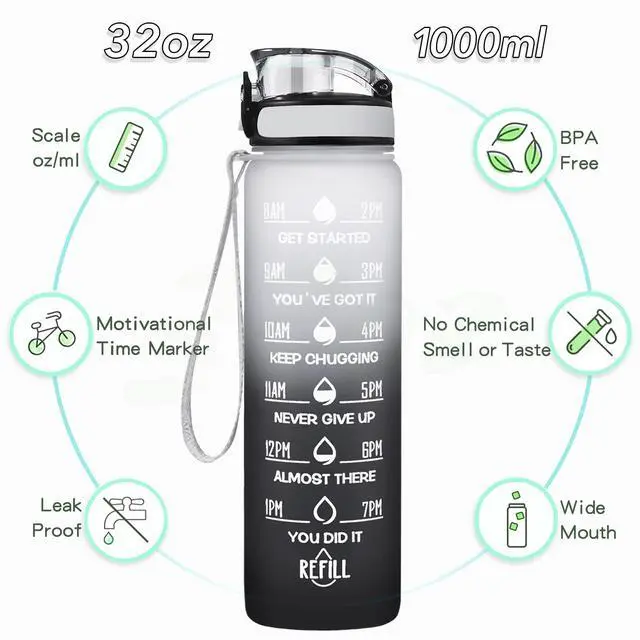 Alt view image 2 of 7 - 32 oz Water Bottle, Leakproof BPA & Toxic Free, Motivational Water Bottle with Times to Drink and Straw, Fitness Sports Water Bottle with Strap for Office, Gym, Outdoor Sports, Gray-Black