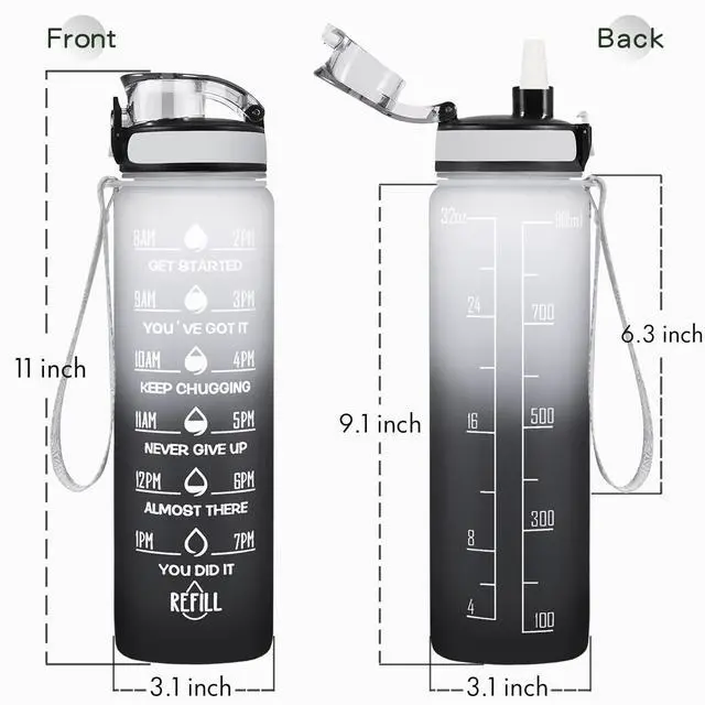 Alt view image 3 of 7 - 32 oz Water Bottle, Leakproof BPA & Toxic Free, Motivational Water Bottle with Times to Drink and Straw, Fitness Sports Water Bottle with Strap for Office, Gym, Outdoor Sports, Gray-Black
