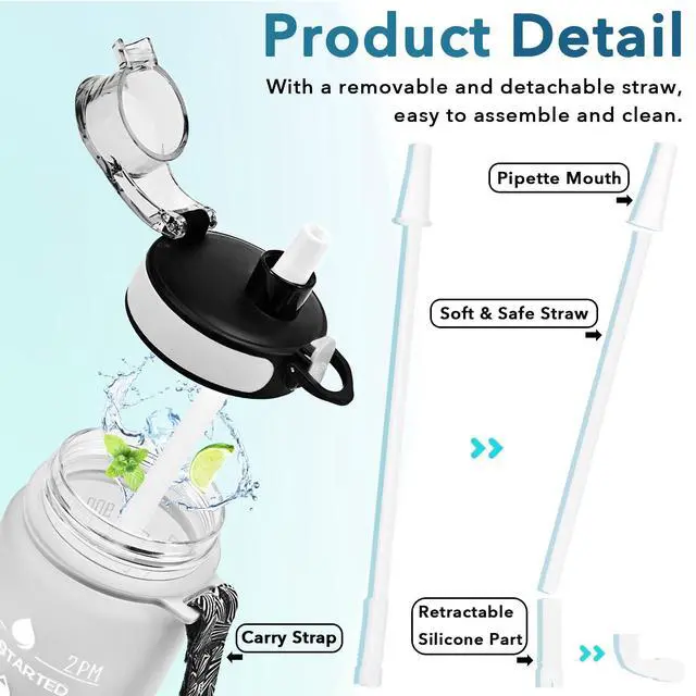 Alt view image 5 of 7 - 32 oz Water Bottle, Leakproof BPA & Toxic Free, Motivational Water Bottle with Times to Drink and Straw, Fitness Sports Water Bottle with Strap for Office, Gym, Outdoor Sports, Gray-Black