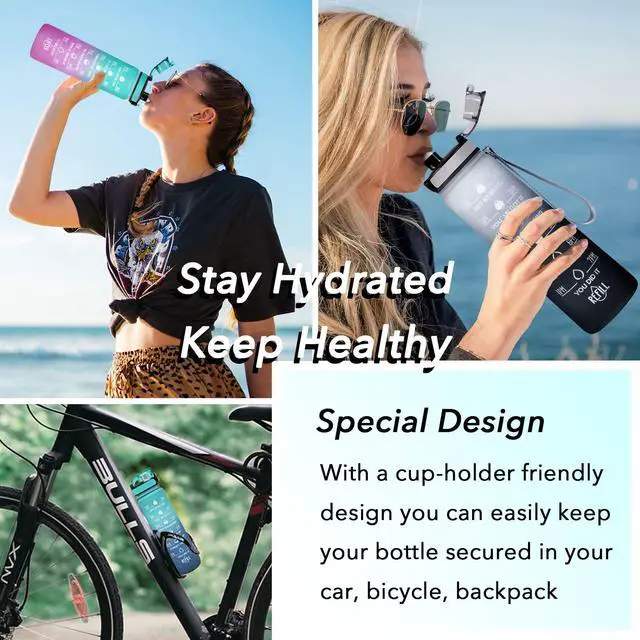 Alt view image 7 of 7 - 32 oz Water Bottle, Leakproof BPA & Toxic Free, Motivational Water Bottle with Times to Drink and Straw, Fitness Sports Water Bottle with Strap for Office, Gym, Outdoor Sports, Gray-Black