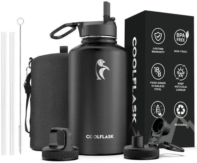 Main image of 64 oz Water Bottle Insulated with Straw & 3 Lids, Large Metal Stainless Steel Water Jug Big Half Gallon Wide Mouth for Sports, Gym or Office, Non-BPA Keep Cold 48H Hot 24H, Magic Black