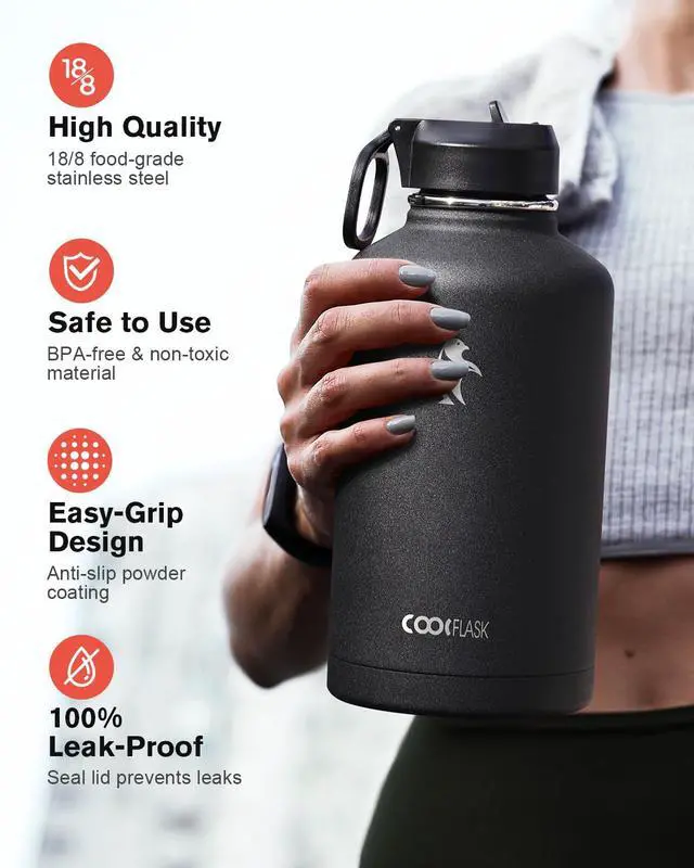 Alt view image 3 of 7 - 64 oz Water Bottle Insulated with Straw & 3 Lids, Large Metal Stainless Steel Water Jug Big Half Gallon Wide Mouth for Sports, Gym or Office, Non-BPA Keep Cold 48H Hot 24H, Magic Black