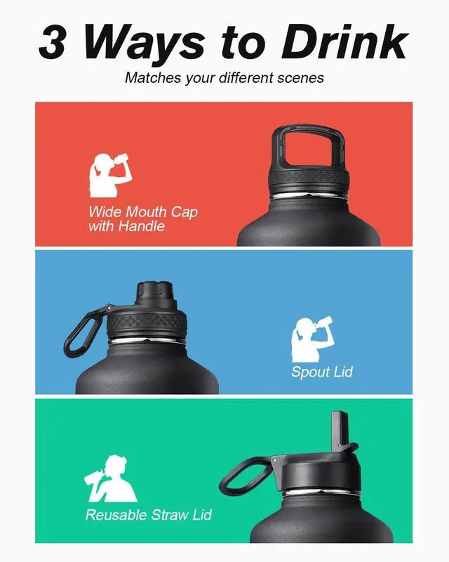 Alt view image 4 of 7 - 64 oz Water Bottle Insulated with Straw & 3 Lids, Large Metal Stainless Steel Water Jug Big Half Gallon Wide Mouth for Sports, Gym or Office, Non-BPA Keep Cold 48H Hot 24H, Magic Black