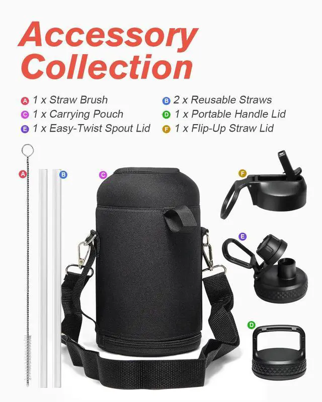Alt view image 6 of 7 - 64 oz Water Bottle Insulated with Straw & 3 Lids, Large Metal Stainless Steel Water Jug Big Half Gallon Wide Mouth for Sports, Gym or Office, Non-BPA Keep Cold 48H Hot 24H, Magic Black