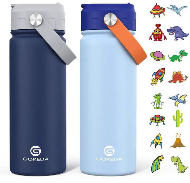 Main image of 18oz Kids Water Bottle, 2 Pack Insulated Bottles with Stickers, 18/8 Stainless Steel Vacuum Leak Proof Straw Cup for School, Gifts for Boys(Light Blue, Dark Blue)
